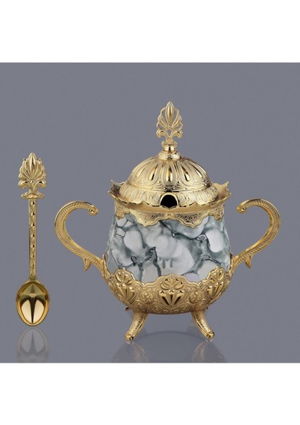 Kapaklı Porselen Şekerlik , Baharatlık - Gold Gri
