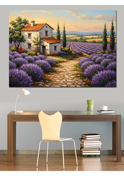 Lavanta Bahçeli Taş Ev Manzarası Dekoratif Kanvas - Mdf Ahşap Tablo