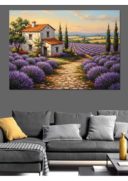 Lavanta Bahçeli Taş Ev Manzarası Dekoratif Kanvas - Mdf Ahşap Tablo fiyatları