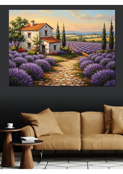 Lavanta Bahçeli Taş Ev Manzarası Dekoratif Kanvas - Mdf Ahşap Tablo modelleri