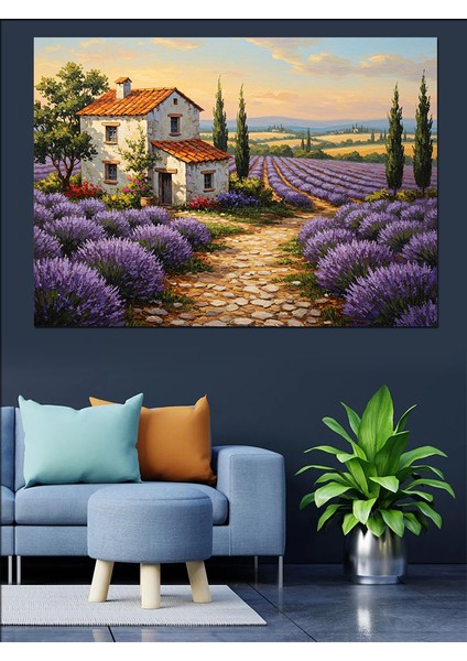 Lavanta Bahçeli Taş Ev Manzarası Dekoratif Kanvas - Mdf Ahşap Tablo fırsatları