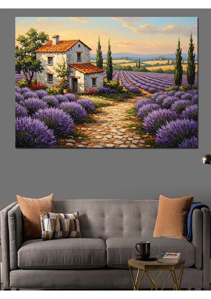 Lavanta Bahçeli Taş Ev Manzarası Dekoratif Kanvas - Mdf Ahşap Tablo indirimleri