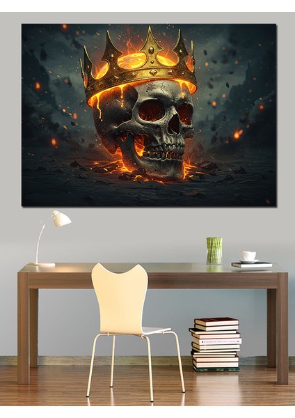 Alevli Taçlı Kuru Kafa Dekoratif Kanvas - Mdf Ahşap Tablo