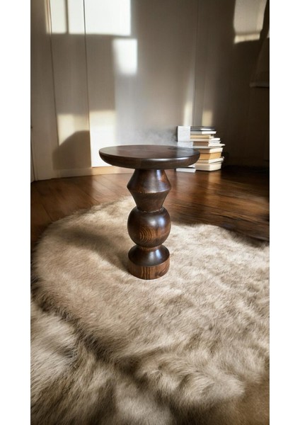 Wood Wooden Ahşap Tekli Mantar Yan Sehpa Modern Ceviz Renk Fiskos