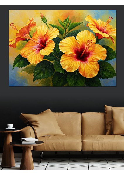 Büyük Yapraklı Sarı Çiçek Dekoratif Kanvas - Mdf Ahşap Tablo