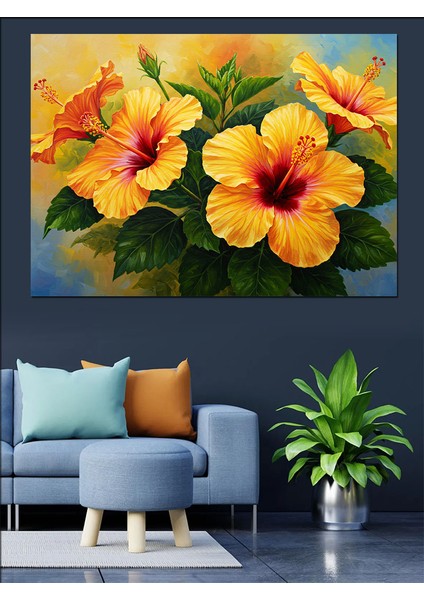 Büyük Yapraklı Sarı Çiçek Dekoratif Kanvas - Mdf Ahşap Tablo fiyatları