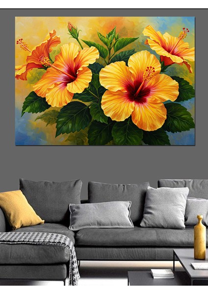 Büyük Yapraklı Sarı Çiçek Dekoratif Kanvas - Mdf Ahşap Tablo indirimleri