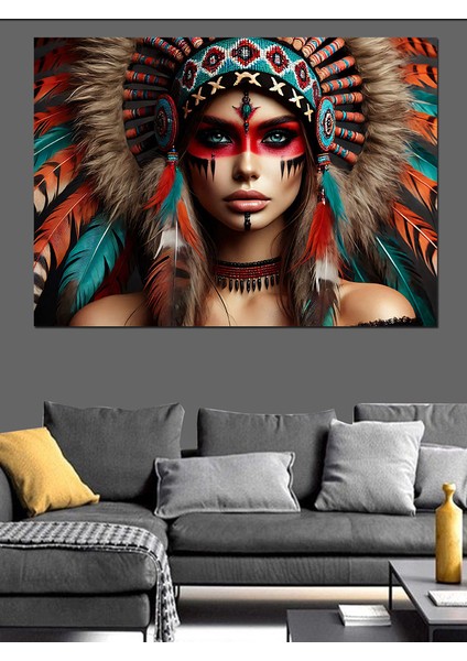 Kızılderili Savaşçı Kadın Maskesi Dekoratif Kanvas - Mdf Ahşap Tablo