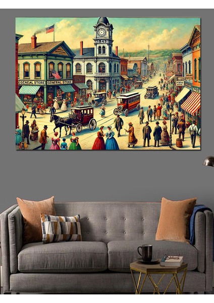 Vintage Tarz Kalabalık Meydan Dekoratif Kanvas - Mdf Ahşap Tablo
