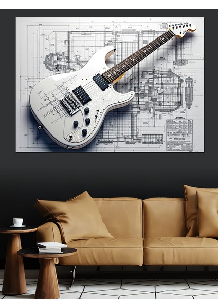 Planlı Teknik Elektro Gitar Çizimi Dekoratif Kanvas - Mdf Ahşap Tablo