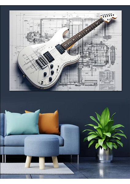 Planlı Teknik Elektro Gitar Çizimi Dekoratif Kanvas - Mdf Ahşap Tablo fiyatları