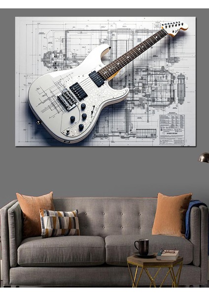Planlı Teknik Elektro Gitar Çizimi Dekoratif Kanvas - Mdf Ahşap Tablo modelleri