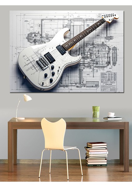 Planlı Teknik Elektro Gitar Çizimi Dekoratif Kanvas - Mdf Ahşap Tablo fırsatları