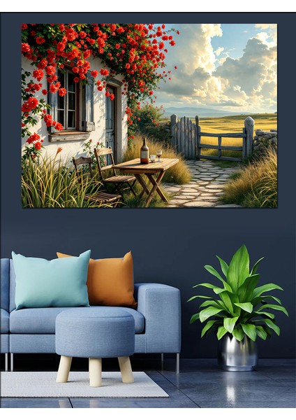 Çiçekli Bahçeli Kır Evi Dekoratif Kanvas - Mdf Ahşap Tablo