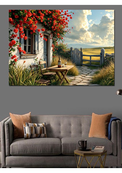 Çiçekli Bahçeli Kır Evi Dekoratif Kanvas - Mdf Ahşap Tablo fiyatları