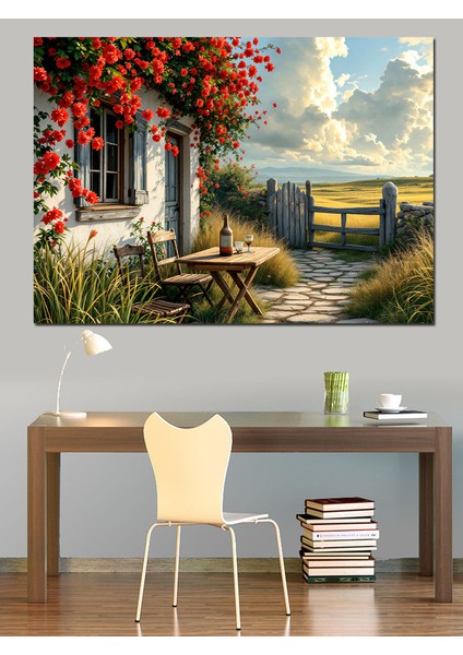Çiçekli Bahçeli Kır Evi Dekoratif Kanvas - Mdf Ahşap Tablo modelleri