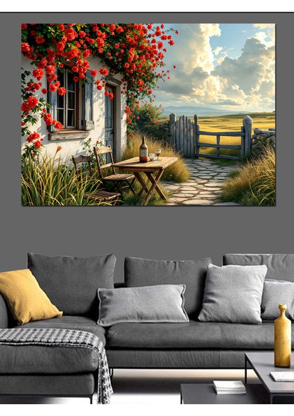 Çiçekli Bahçeli Kır Evi Dekoratif Kanvas - Mdf Ahşap Tablo fırsatları