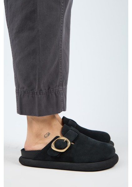 (Asymetry) Kadın Deri Kemerli Tokalı Sabo Antrasit Terlik