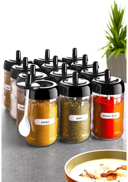 12 Adet Kapağı Kendinden Kaşıklı ve Etiketli Baharatlık Seti - (300 Ml) Etiketli Cam Baharat Takımı