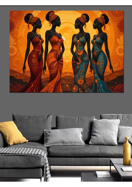 Turuncu Zeminde Afrika Kadınları Dekoratif Kanvas - Mdf Ahşap Tablo fiyatları
