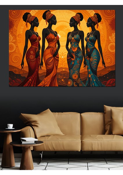 Turuncu Zeminde Afrika Kadınları Dekoratif Kanvas - Mdf Ahşap Tablo modelleri
