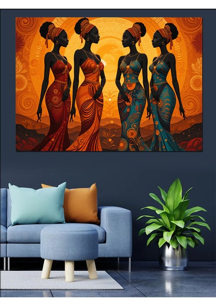 Turuncu Zeminde Afrika Kadınları Dekoratif Kanvas - Mdf Ahşap Tablo fırsatları