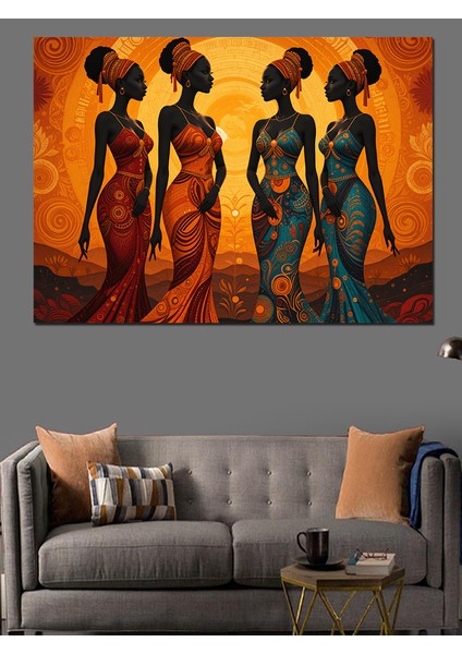 Turuncu Zeminde Afrika Kadınları Dekoratif Kanvas - Mdf Ahşap Tablo indirimleri