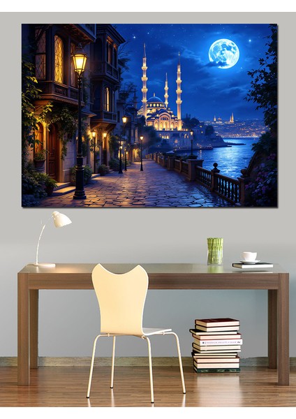 Gece Istanbul Camii Manzarası Dekoratif Kanvas - Mdf Ahşap Tablo