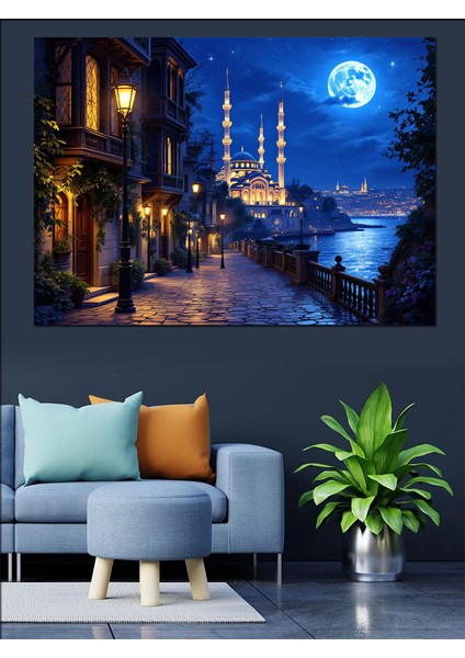 Gece Istanbul Camii Manzarası Dekoratif Kanvas - Mdf Ahşap Tablo fırsatları
