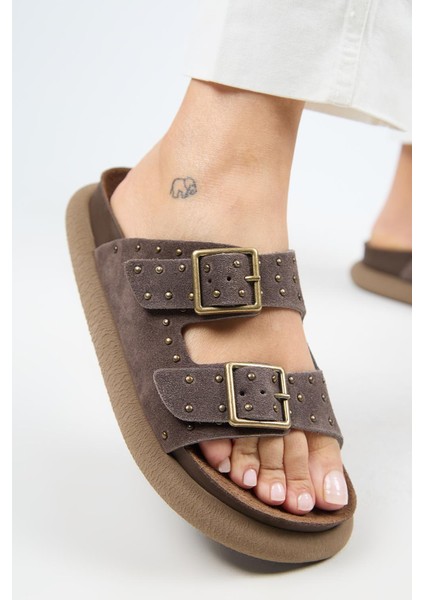 Kadın Deri Çift Tokalı Açık Kahve Terlik Kaymaz Taban ile Güvenli Adım indirimleri