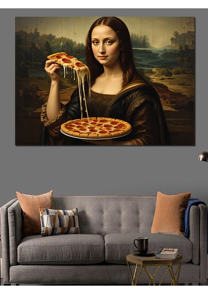 Pizza Yiyen Mona Lisa Dekoratif Kanvas - Mdf Ahşap Tablo
