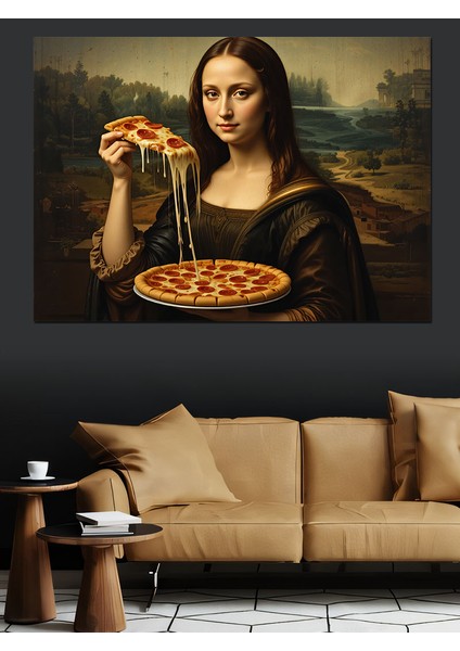 Pizza Yiyen Mona Lisa Dekoratif Kanvas - Mdf Ahşap Tablo fırsatları