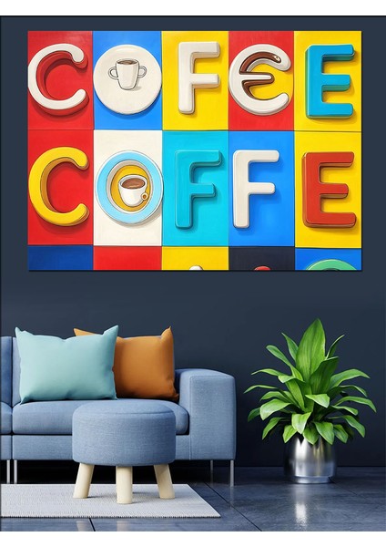 Renkli Kutu Harfli Coffee Dekoratif Kanvas - Mdf Ahşap Tablo fiyatları