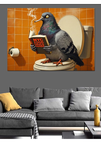 Tuvalette Sigara Içen Güvercin Dekoratif Kanvas - Mdf Ahşap Tablo