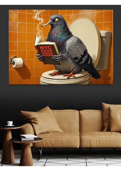 Tuvalette Sigara Içen Güvercin Dekoratif Kanvas - Mdf Ahşap Tablo fiyatları