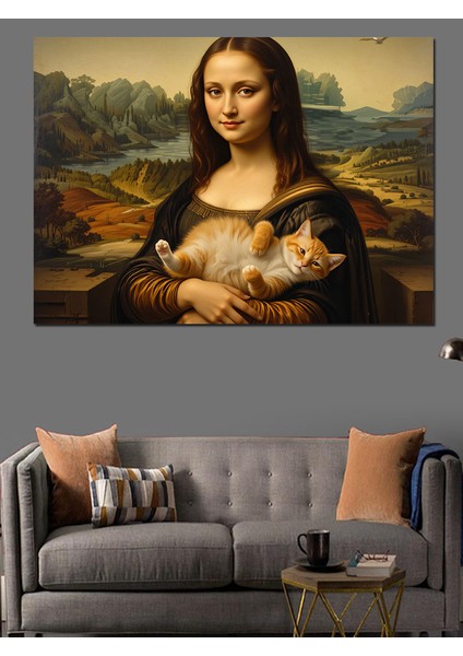 Kedi Tutan Mona Lisa Versiyonu Dekoratif Kanvas - Mdf Ahşap Tablo
