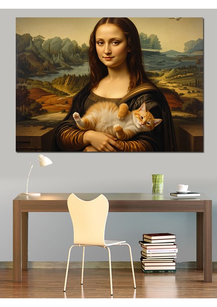 Kedi Tutan Mona Lisa Versiyonu Dekoratif Kanvas - Mdf Ahşap Tablo fiyatları