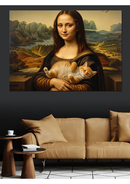 Kedi Tutan Mona Lisa Versiyonu Dekoratif Kanvas - Mdf Ahşap Tablo fırsatları