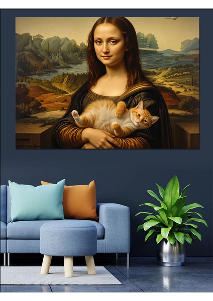 Kedi Tutan Mona Lisa Versiyonu Dekoratif Kanvas - Mdf Ahşap Tablo indirimleri