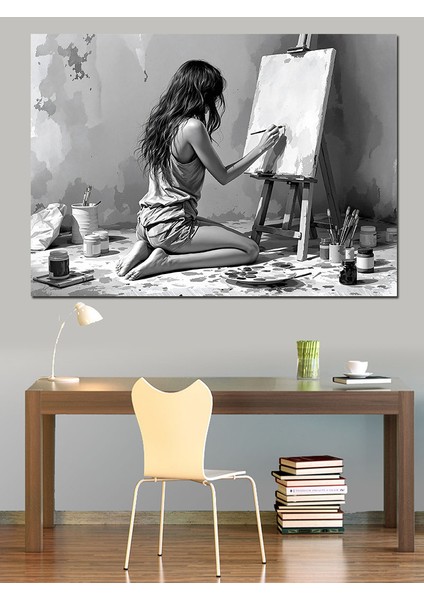 Ressam Kız Duvar Çizimi Dekoratif Kanvas - Mdf Ahşap Tablo