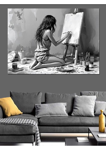 Ressam Kız Duvar Çizimi Dekoratif Kanvas - Mdf Ahşap Tablo
