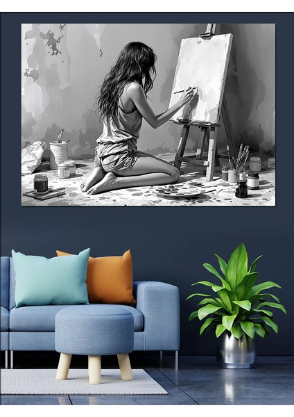 Ressam Kız Duvar Çizimi Dekoratif Kanvas - Mdf Ahşap Tablo