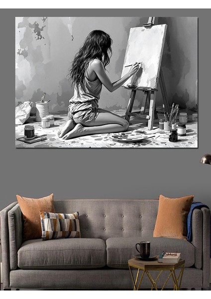 Ressam Kız Duvar Çizimi Dekoratif Kanvas - Mdf Ahşap Tablo
