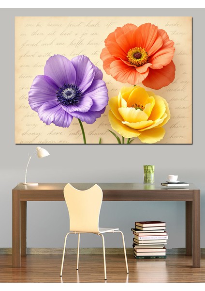 Renkli Üçlü Çiçek Deseni Dekoratif Kanvas - Mdf Ahşap Tablo