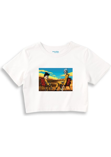 Breaking Bad / Rick And Morty Crop Tişört - Beyaz