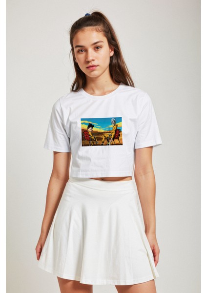 Breaking Bad / Rick And Morty Crop Tişört - Beyaz