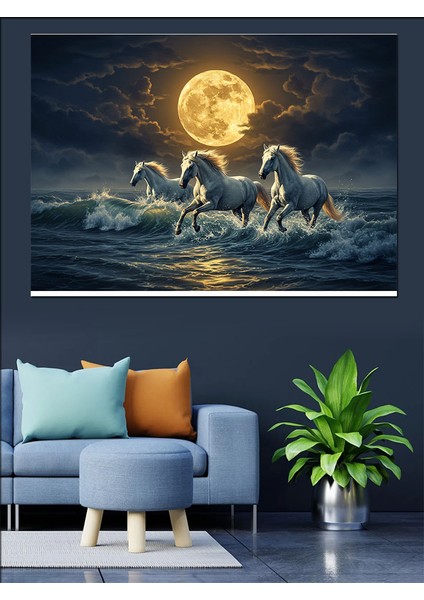 Ay Işığında Koşan Atlar Dekoratif Kanvas - Mdf Ahşap Tablo