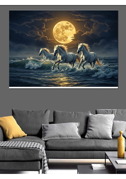 Ay Işığında Koşan Atlar Dekoratif Kanvas - Mdf Ahşap Tablo fırsatları