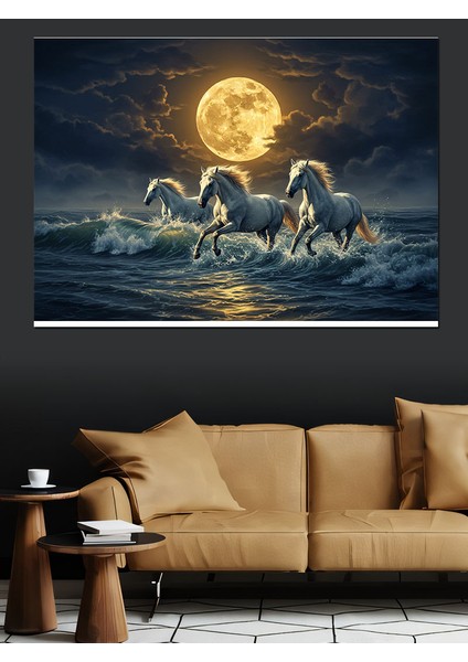 Ay Işığında Koşan Atlar Dekoratif Kanvas - Mdf Ahşap Tablo indirimleri