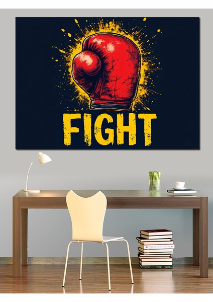 Boks Eldiveni ve Fight Yazısı Dekoratif Kanvas - Mdf Ahşap Tablo